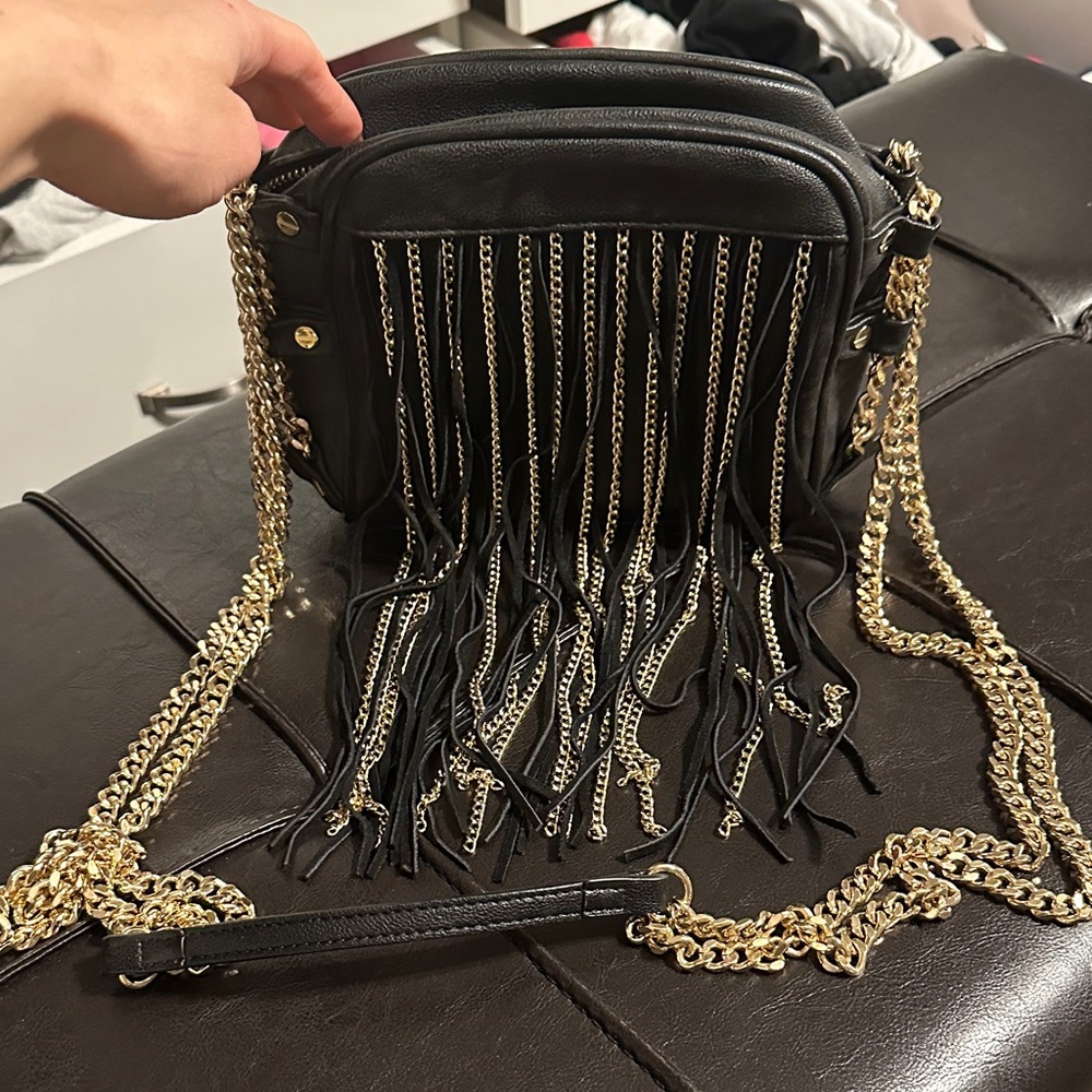 bebe Black and Gold Fringe Crossbody Bag